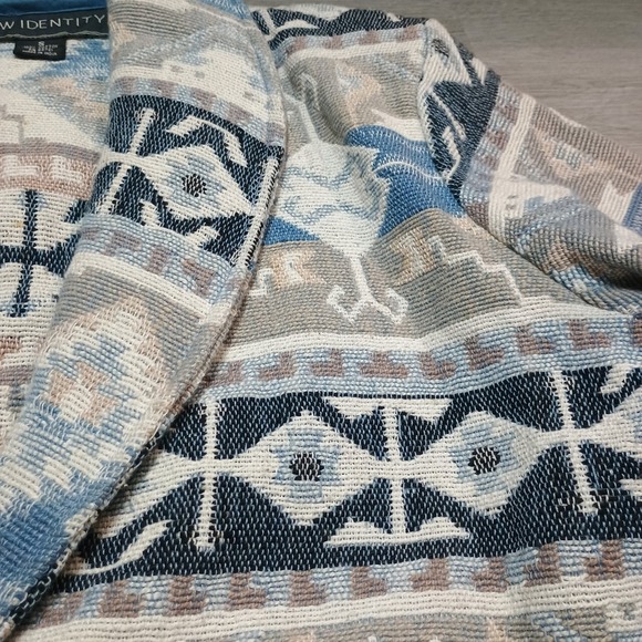 Vintage New Identity Tapestry Blue Aztec Heavy Blazer Jacket Cropped Boxy Size S - Picture 4 of 9